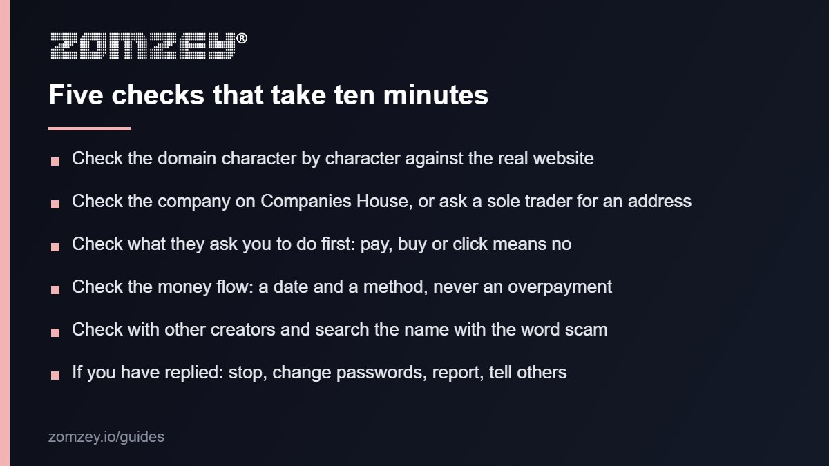 Checklist of five checks against brand deal scams