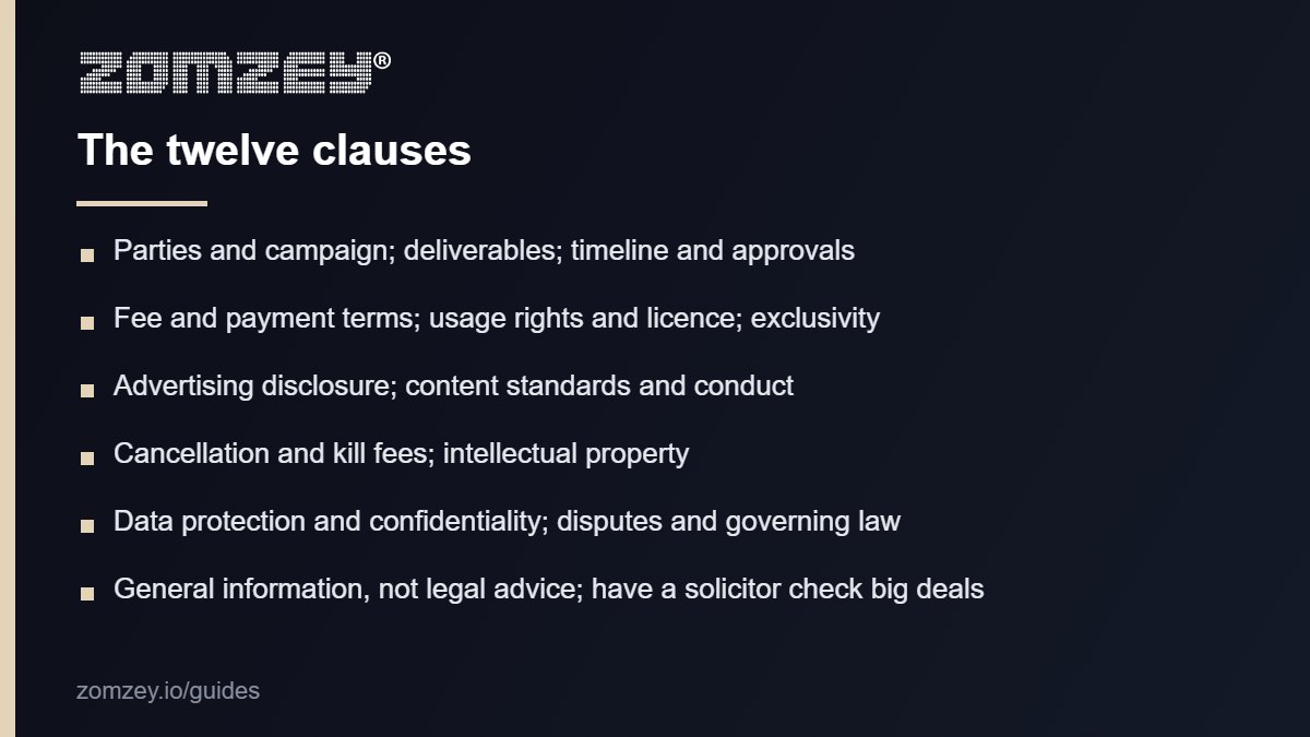 Checklist of the twelve clauses an influencer contract should include