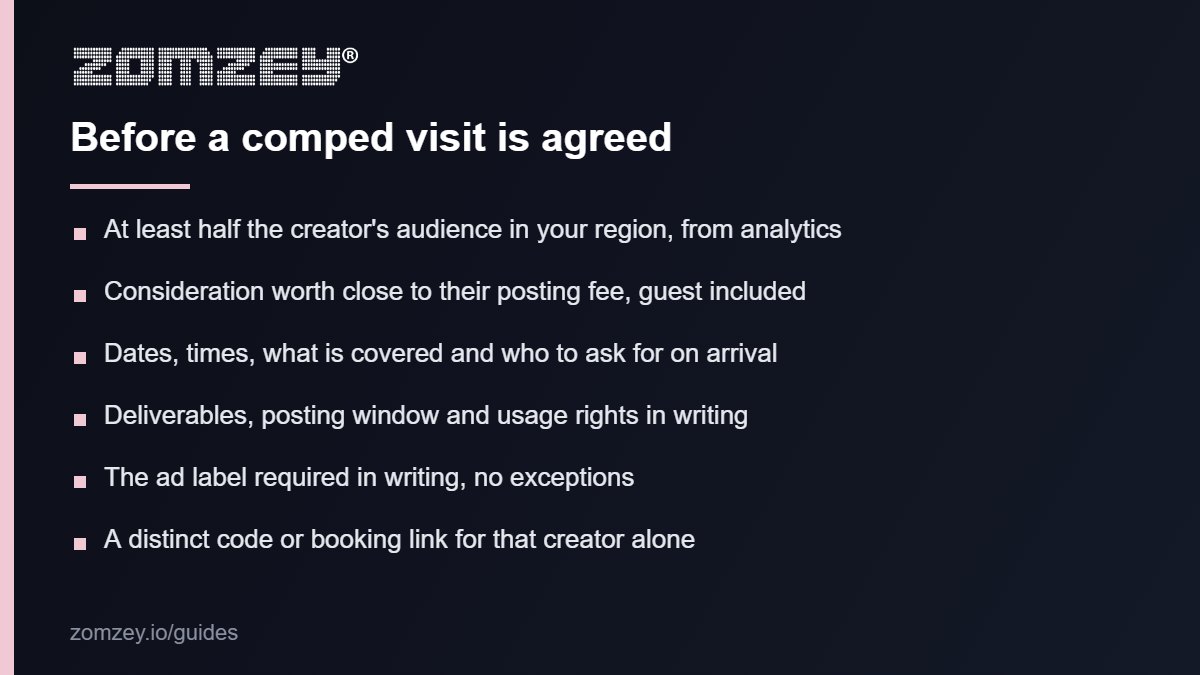 Comped visit checklist for venues working with local influencers