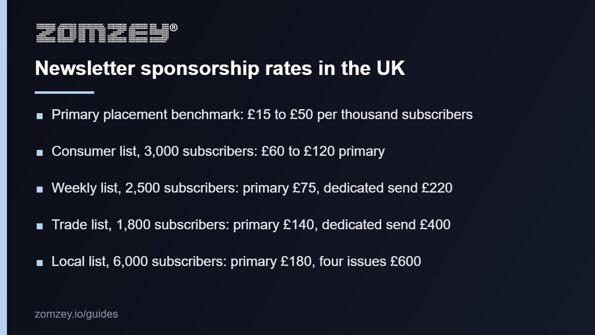 Newsletter sponsorship rates in the UK for 2026 by list size