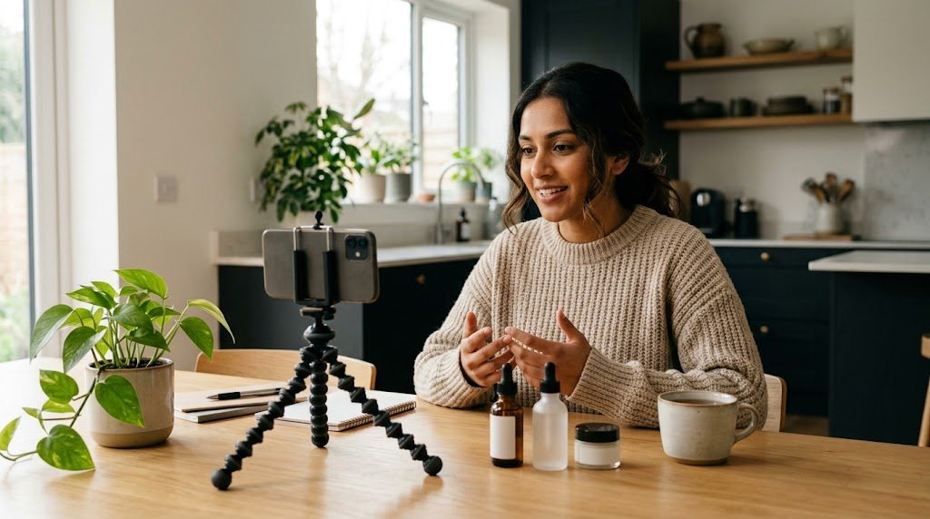 UK Influencer filming a UGC product video on a smartphone at a sunlit kitchen table