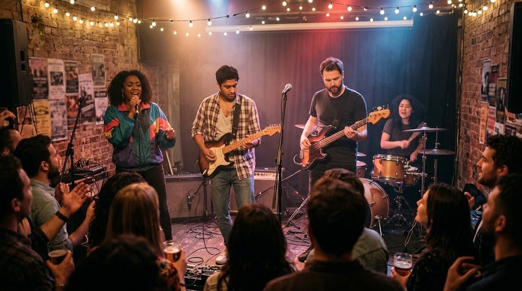 Live band performing to a small crowd in a cosy UK music venue with festoon lights