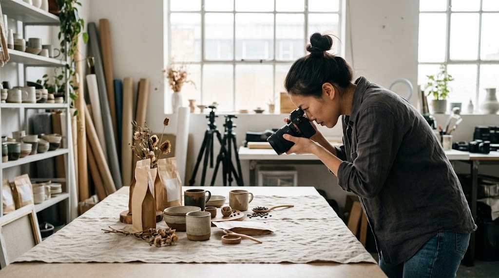 Photographer shooting a styled product flat lay of homeware and coffee in a daylight studio