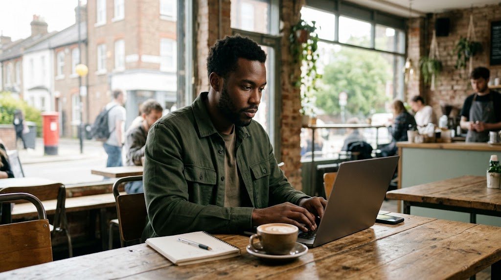 Freelance social media specialist planning content on a laptop in an independent UK café