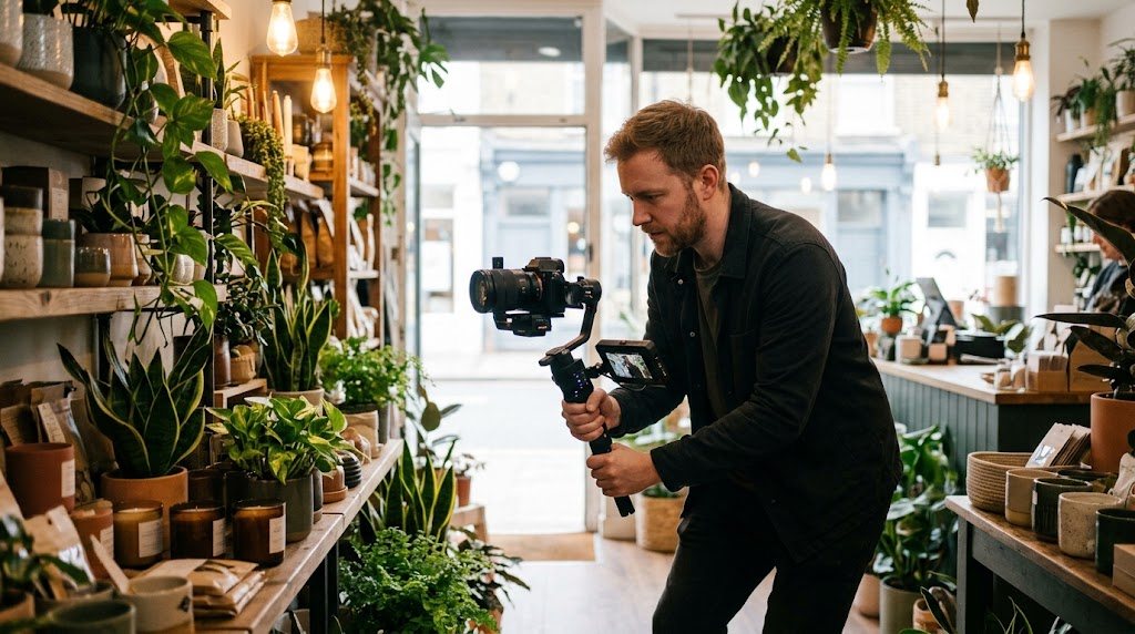 Videographer using a camera gimbal to film inside an independent UK plant and homeware shop